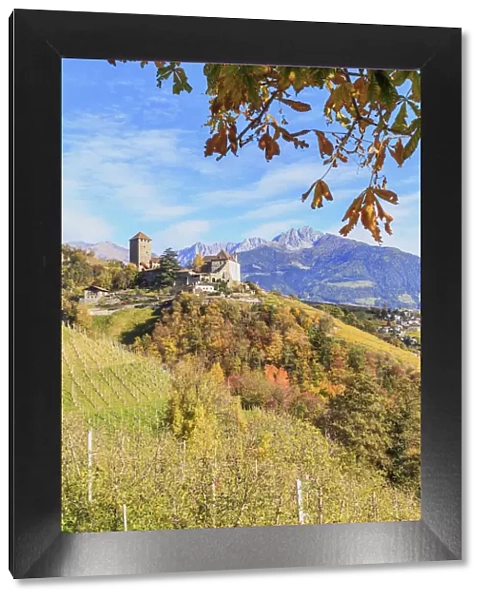 Tirolo Castle between autumn colors with Sarentine Alps in the background, Merano