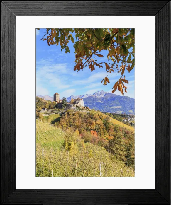 Framed Print : Tirolo Castle between autumn colors with Sarentine Alps in the background, Merano Framed Print : Tirolo Castle between autumn colors with Sarentine Alps in the background, Merano