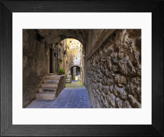 Framed Print : Narrow alley in the historic center of Castelvecchio Calvisio, Abruzzo, Italy Framed Print : Narrow alley in the historic center of Castelvecchio Calvisio, Abruzzo, Italy