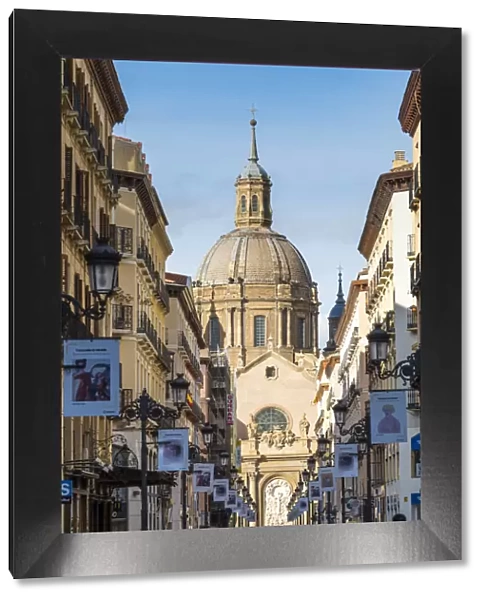 Cathedral of our Lady of the Pillar seen from calle Alfonso. Zaragoza, Aragon, Spain