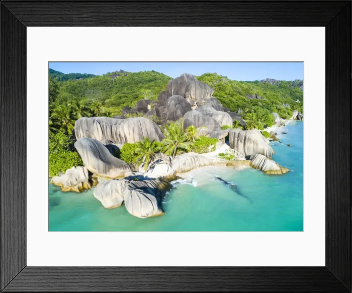 Framed Print : Aerial view of Anse Source d Argent beach, La Digue island, Seychelles, Africa Framed Print : Aerial view of Anse Source d Argent beach, La Digue island, Seychelles, Africa