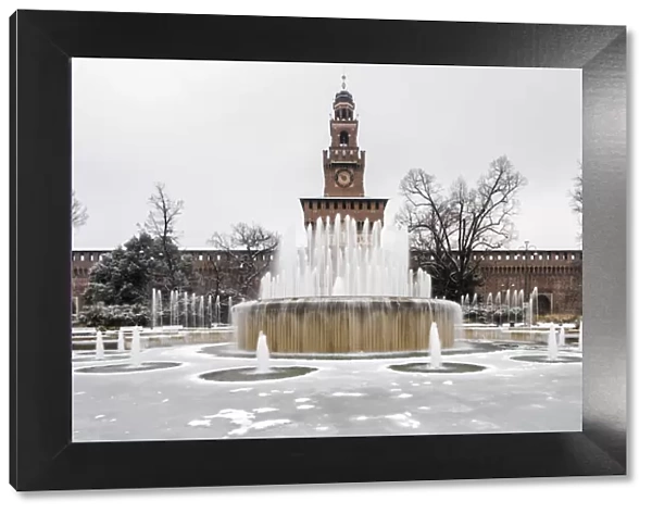 Sforza Castle with snow. Milan, Lombardy, Italy