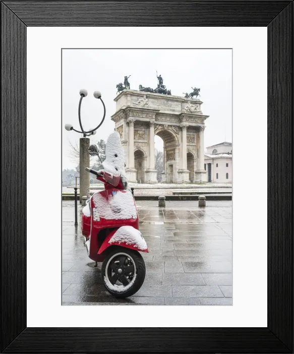Framed Print : Italian vespa and Arch of Peace with snow. Milan, Lombardy, Italy Framed Print : Italian vespa and Arch of Peace with snow. Milan, Lombardy, Italy