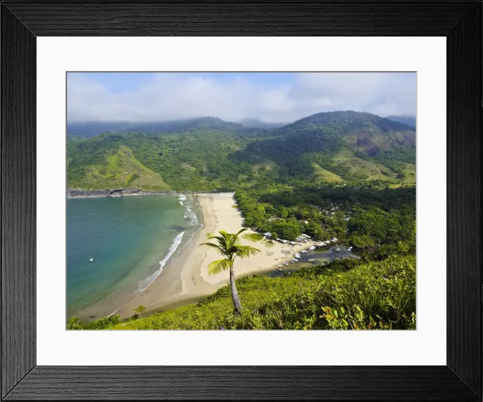 Framed Print : Brazil, State of Sao Paulo, Ilhabela Island, Elevated view of the beach in Bonete