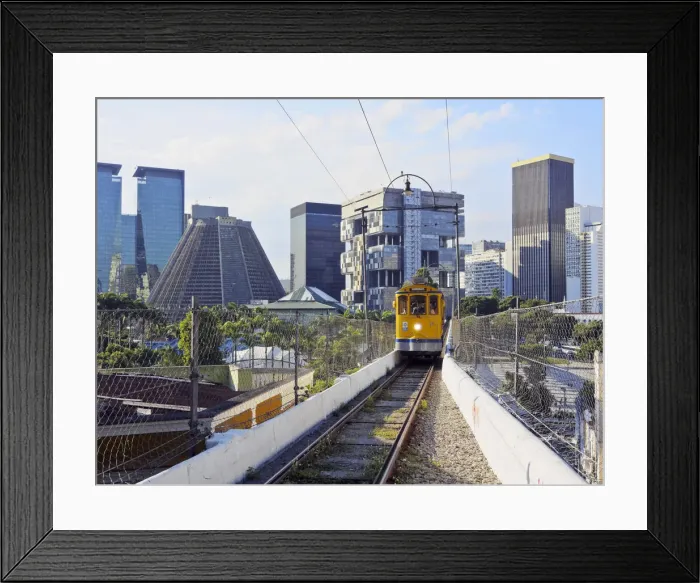 Framed Print : Brazil, City of Rio de Janeiro, Lapa, Yellow Tram crossing the Carioca Aqueduct with Framed Print : Brazil, City of Rio de Janeiro, Lapa, Yellow Tram crossing the Carioca Aqueduct with
