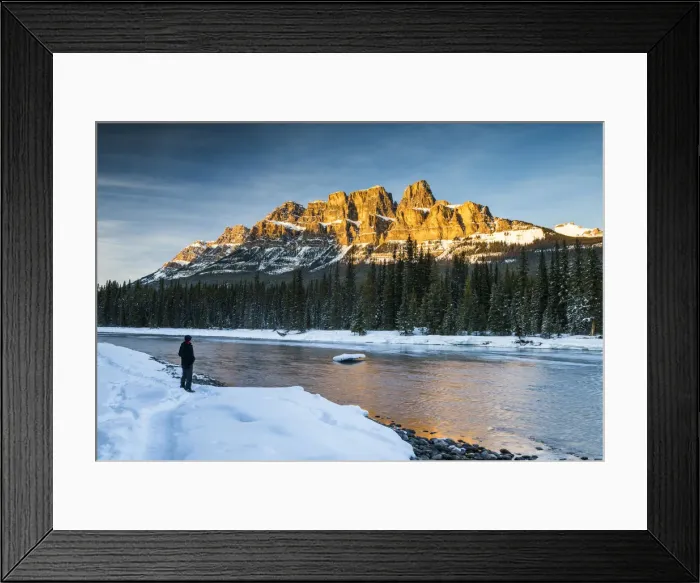 Framed Print : Man Looking at Castle Mountain at Sunset, Banff National Park, Aberta, Canada Framed Print : Man Looking at Castle Mountain at Sunset, Banff National Park, Aberta, Canada