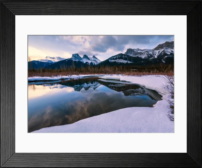 Framed Print : Three Sisters Reflecting in Bow River, Aberta, Canada Framed Print : Three Sisters Reflecting in Bow River, Aberta, Canada