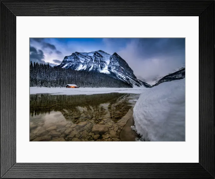 Framed Print : Mountain & Cabin Reflecting in Lake Louise, Alberta, Canada Framed Print : Mountain & Cabin Reflecting in Lake Louise, Alberta, Canada