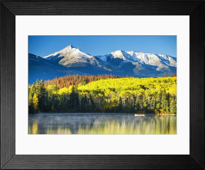Framed Print : Canoeist on Pyramid Lake in Autumn, Jasper National Park, Alberta, Canada
