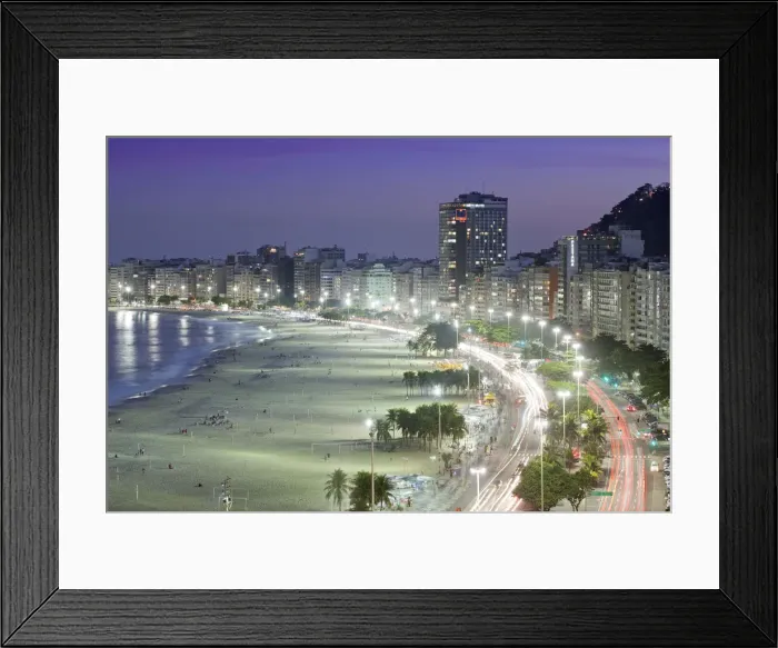 Framed Print : South America, Brazil, Rio de Janeiro, general view of Copacabana Beach at night showing Framed Print : South America, Brazil, Rio de Janeiro, general view of Copacabana Beach at night showing