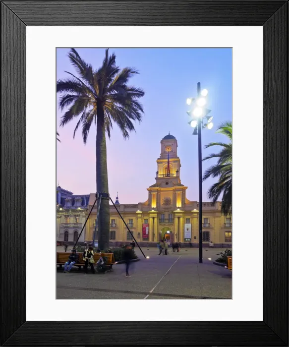 Framed Print : Chile, Santiago, Plaza de Armas, Twilight view towards the Royal Court Palace housing Framed Print : Chile, Santiago, Plaza de Armas, Twilight view towards the Royal Court Palace housing