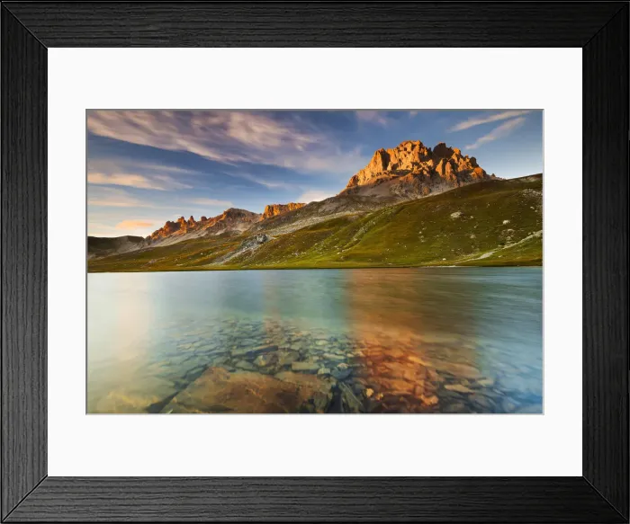 Framed Print : Europe, France, Ubaye - Oronaye Lake and Oronaye peak at sunset Framed Print : Europe, France, Ubaye - Oronaye Lake and Oronaye peak at sunset
