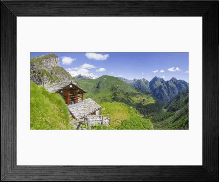 Framed Print : Panoramic viewfrom a hut along tailly lakes trail. Alagna, Aosta valley, Italy Framed Print : Panoramic viewfrom a hut along tailly lakes trail. Alagna, Aosta valley, Italy