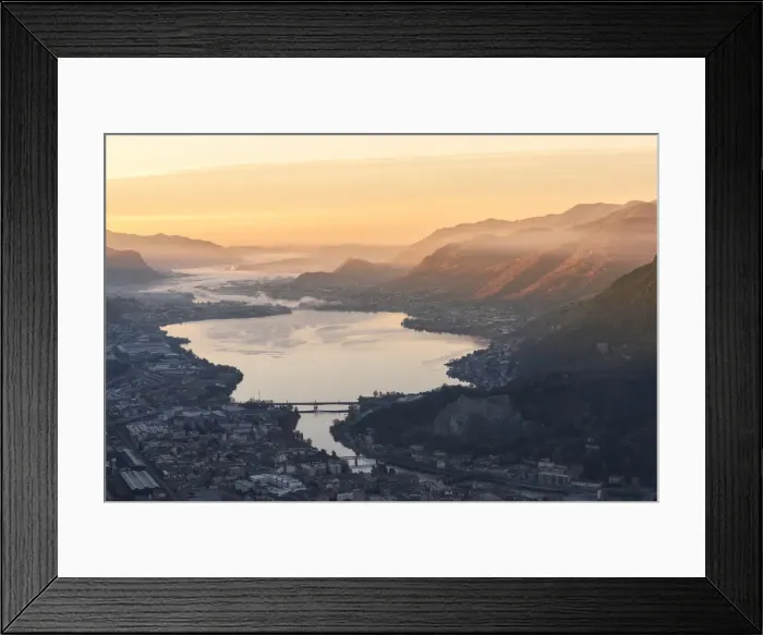 Framed Print : Overview of Adda river from San martino mount at dawn, Lecco, Lecco province, Lombardy Framed Print : Overview of Adda river from San martino mount at dawn, Lecco, Lecco province, Lombardy