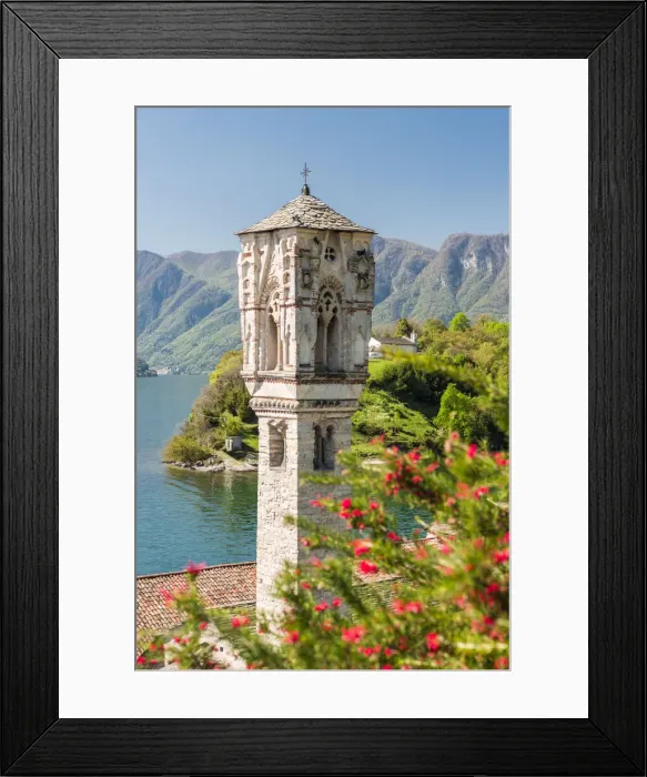Framed Print : Gothic bell tower of S. Mary Magdalene church in Ospedaletto and Isola Comacina in Framed Print : Gothic bell tower of S. Mary Magdalene church in Ospedaletto and Isola Comacina in