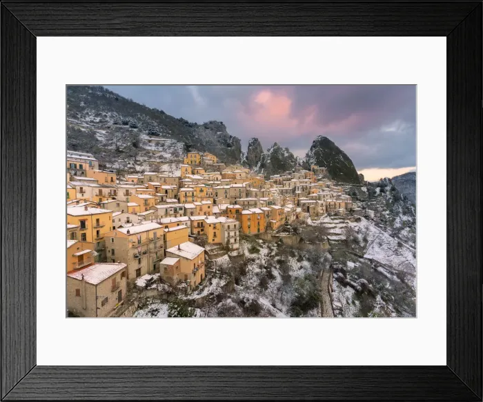 Framed Print : Castelmezzano after a snowfall at sunset, Potenza province, Basilicata, Italy Framed Print : Castelmezzano after a snowfall at sunset, Potenza province, Basilicata, Italy