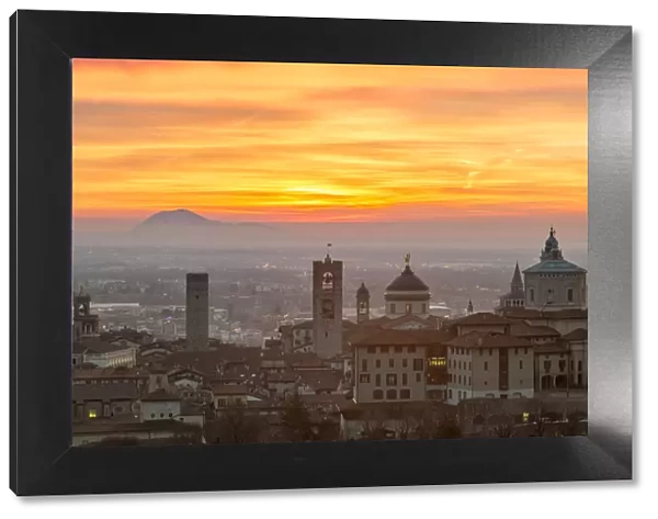 Sunrise light on the upper city of Bergamo, Lombardy, Italy