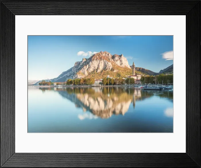 Framed Print : Lakefront of Lecco reflected in Como Lake at autumn, Lecco, Lombardy, Italy Framed Print : Lakefront of Lecco reflected in Como Lake at autumn, Lecco, Lombardy, Italy