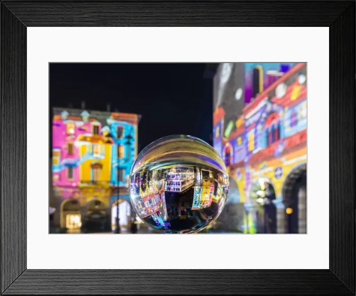 Framed Print : Christmas illuminations of Piazza Duomo reflected into a crystal ball, Como, Lombardy Framed Print : Christmas illuminations of Piazza Duomo reflected into a crystal ball, Como, Lombardy