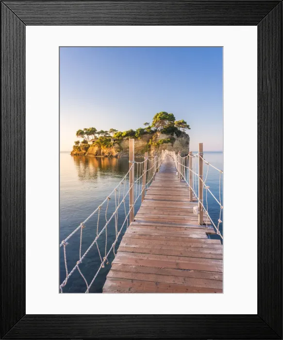 Framed Print : Hanging wooden bridge over the sea leading to Cameo Island, Agios Sostis, Zakynthos Framed Print : Hanging wooden bridge over the sea leading to Cameo Island, Agios Sostis, Zakynthos