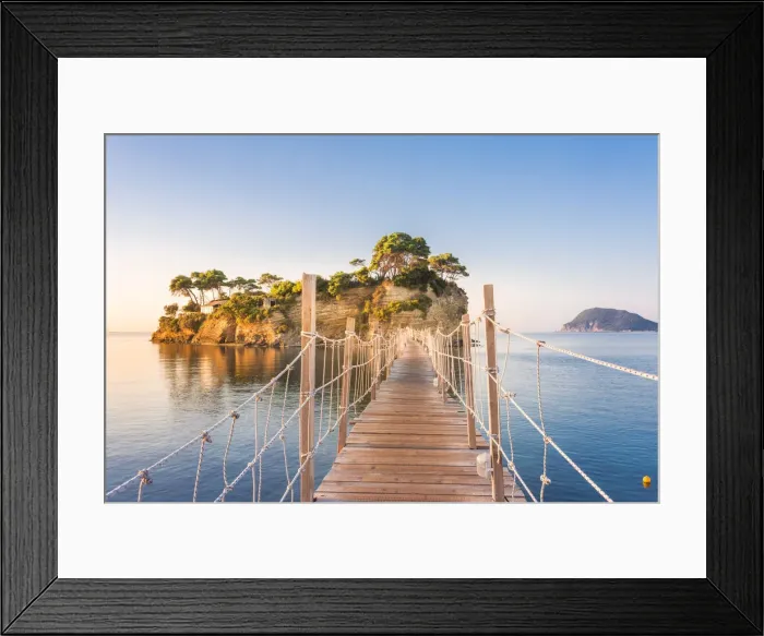 Framed Print : Hanging wooden bridge over the sea leading to Cameo Island, Agios Sostis, Zakynthos Framed Print : Hanging wooden bridge over the sea leading to Cameo Island, Agios Sostis, Zakynthos