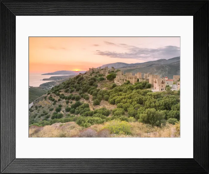 Framed Print : Vatheia, known for its tower-houses built on a hill dominating the surrounding countryside Framed Print : Vatheia, known for its tower-houses built on a hill dominating the surrounding countryside