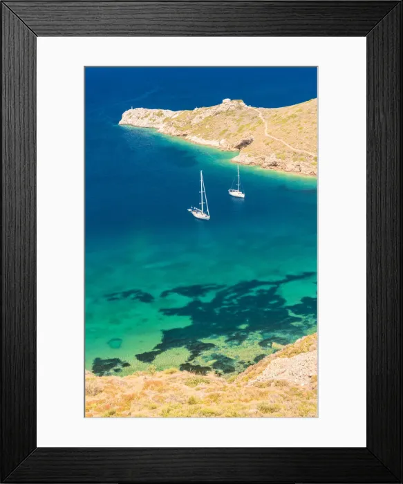 Framed Print : Sailing boats floating on the turquoise aegean sea at Porto Kagio, Laconia region Framed Print : Sailing boats floating on the turquoise aegean sea at Porto Kagio, Laconia region