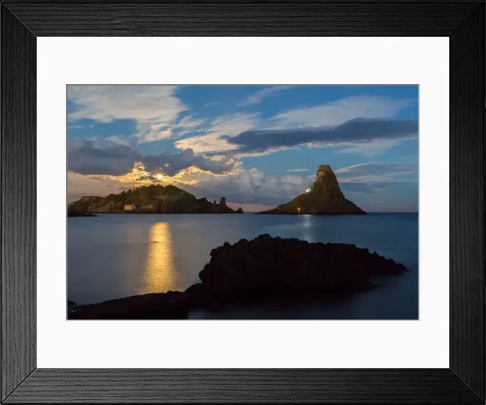Framed Print : Moon that rises from the stacks of acitrezza in the east coast of Sicily, Italy