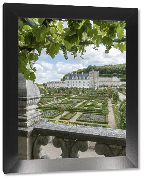 Villandry castle and its garden from a terrace. Villandry, Indre-et-Loire, France