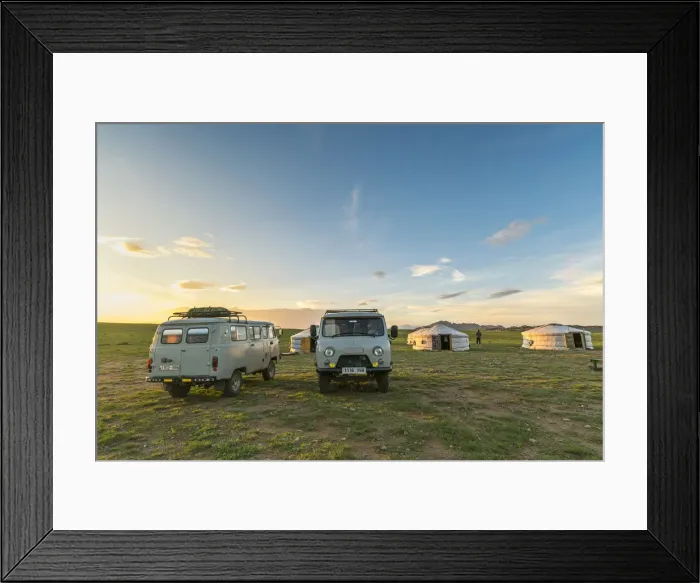 Framed Print : Mongolian nomadic traditional gers and soviet minivans at sunset. Middle Gobi province Framed Print : Mongolian nomadic traditional gers and soviet minivans at sunset. Middle Gobi province
