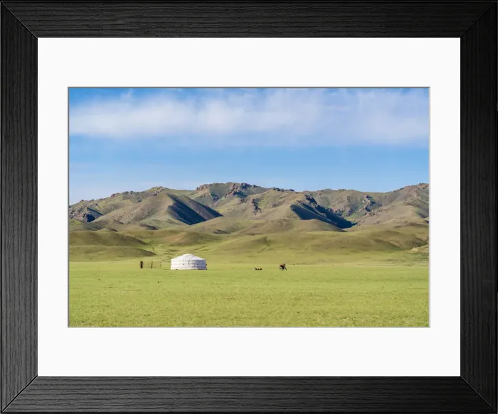 Framed Print : Nomadic ger, motorbike and mountains in the background Framed Print : Nomadic ger, motorbike and mountains in the background