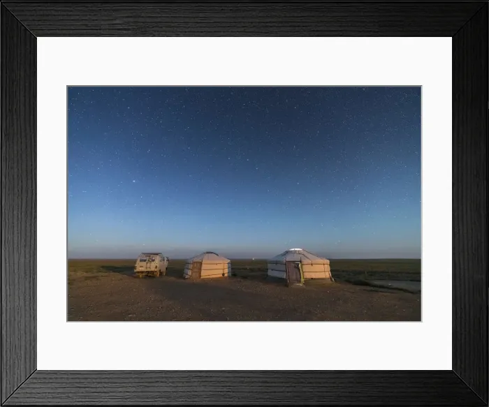 Framed Print : Mongolian traditional gers and soviet minivan under a starry sky Framed Print : Mongolian traditional gers and soviet minivan under a starry sky