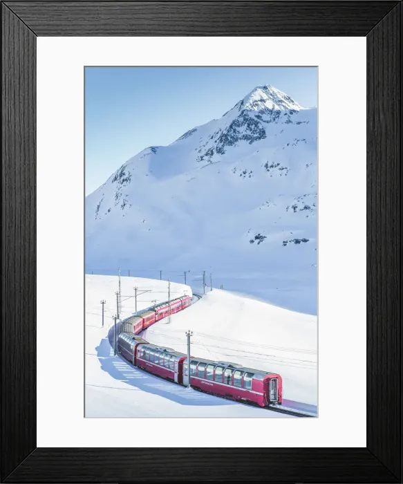 Framed Print : Bernina Express red train passing Lago Bianco in a scenic winter mountain landscape Framed Print : Bernina Express red train passing Lago Bianco in a scenic winter mountain landscape