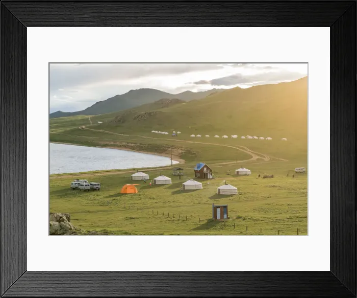 Framed Print : Golden light on a family ger camp on the shores of White Lake