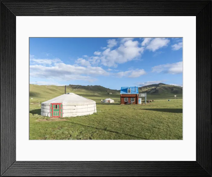 Framed Print : Family ger camp on the shores of White Lake. Tariat district, North Hangay province