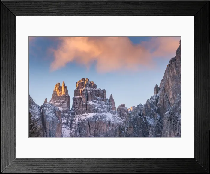 Framed Print : Blue sky and red clouds on the rocky peaks of the Rosengarten massif in winter Dolomites Framed Print : Blue sky and red clouds on the rocky peaks of the Rosengarten massif in winter Dolomites
