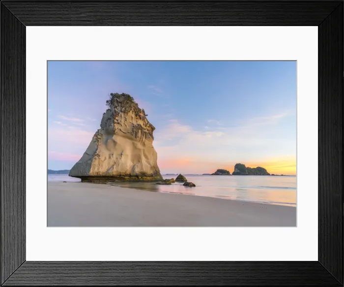 Framed Print : Te Hoho rock at Cathedral Cove at sunrise, with Poikeke and Motueka islands in Framed Print : Te Hoho rock at Cathedral Cove at sunrise, with Poikeke and Motueka islands in