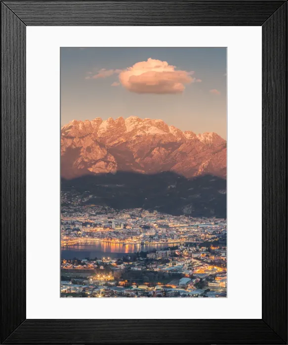 Framed Print : Lecco province at sunset with Resegone mount in the background viewed from San Tomaso Framed Print : Lecco province at sunset with Resegone mount in the background viewed from San Tomaso