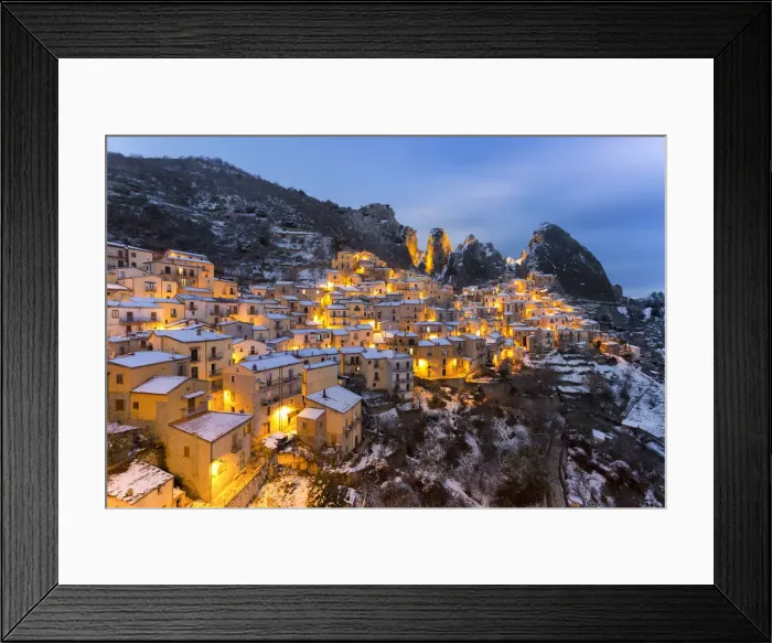 Framed Print : Castelmezzano after a snowfall at dusk, Potenza province, Basilicata, Italy Framed Print : Castelmezzano after a snowfall at dusk, Potenza province, Basilicata, Italy