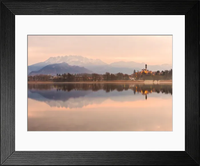 Framed Print : San Giuseppe Church and Bosisio Parini lakefront reflected in the Pusiano lake with Framed Print : San Giuseppe Church and Bosisio Parini lakefront reflected in the Pusiano lake with