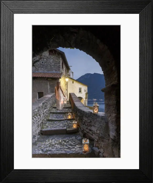 Framed Print : Woman walking along the bridge of the Civera with a lantern in the hand, Horrid of Nesso Framed Print : Woman walking along the bridge of the Civera with a lantern in the hand, Horrid of Nesso