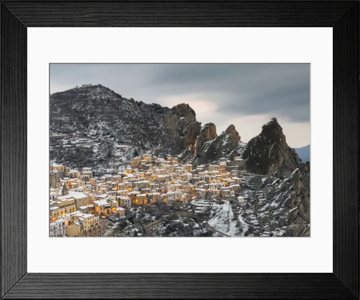 Framed Print : Castelmezzano after a snowfall at dusk, Potenza province, Basilicata, Italy Framed Print : Castelmezzano after a snowfall at dusk, Potenza province, Basilicata, Italy