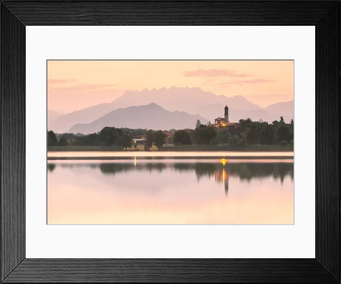 Framed Print : San Giuseppe Church and Bosisio Parini lakefront reflected in the Pusiano lake with Framed Print : San Giuseppe Church and Bosisio Parini lakefront reflected in the Pusiano lake with