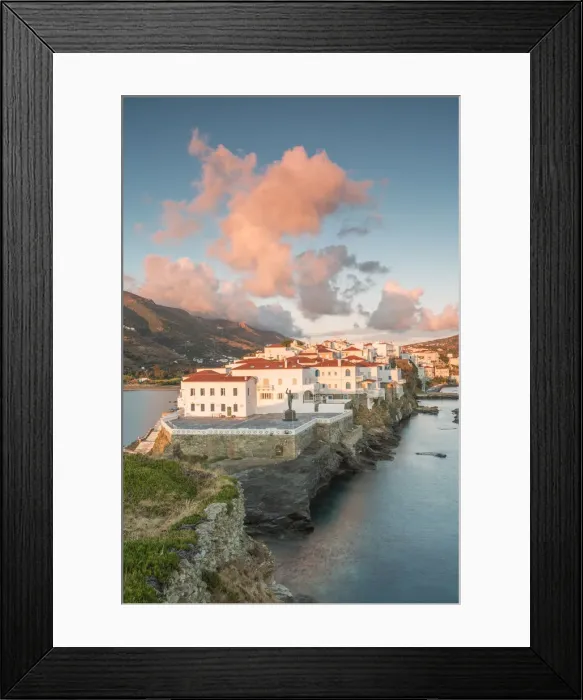 Framed Print : Andros village at sunrise viewed from an old ruined castle, Andros, Cyclades Archipelago Framed Print : Andros village at sunrise viewed from an old ruined castle, Andros, Cyclades Archipelago