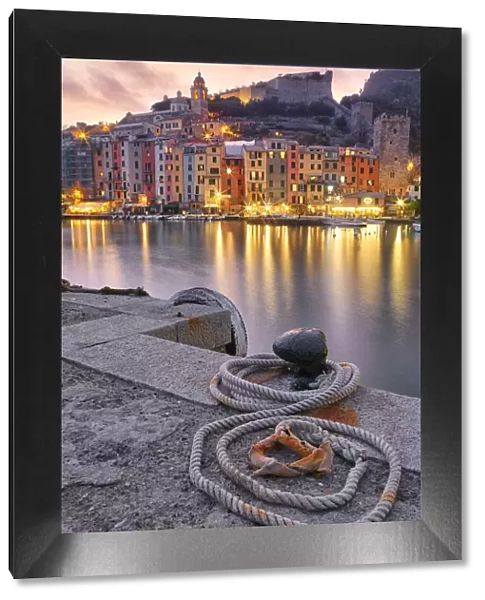 Rope on pier at sunset, Porto Venere, La Spezia, Liguria, Italy