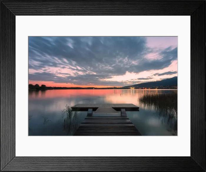 Framed Print : Wood pier on Pusiano lake at sunset, Bosisio Parini, Lecco province, Lombardy, italy