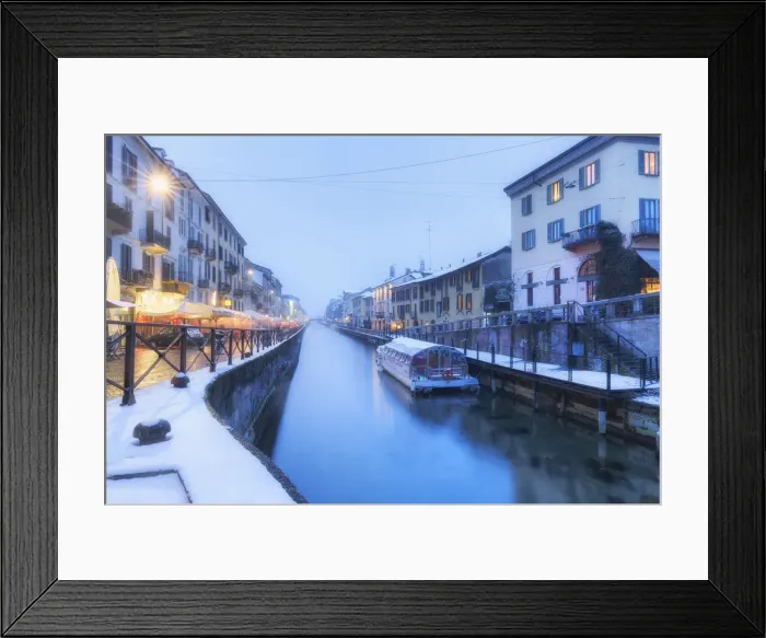 Framed Print : Naviglio Grande after a snowfall during dusk. Milan, Lombardy, Northern Italy, Italy Framed Print : Naviglio Grande after a snowfall during dusk. Milan, Lombardy, Northern Italy, Italy