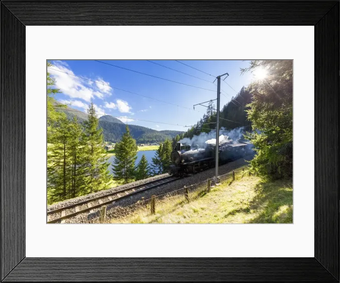 Framed Print : Steam train transits at Schwarzsee, Davos, Albula Valley, Graub√ºnden, Switzerland