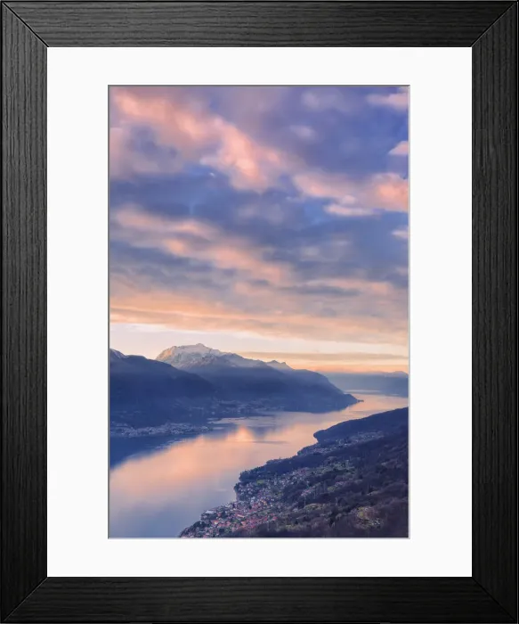 Framed Print : Stunning sunrise over Como Lake. San Bernardo Church, Monte Bregagno, Dongo, Como Lake