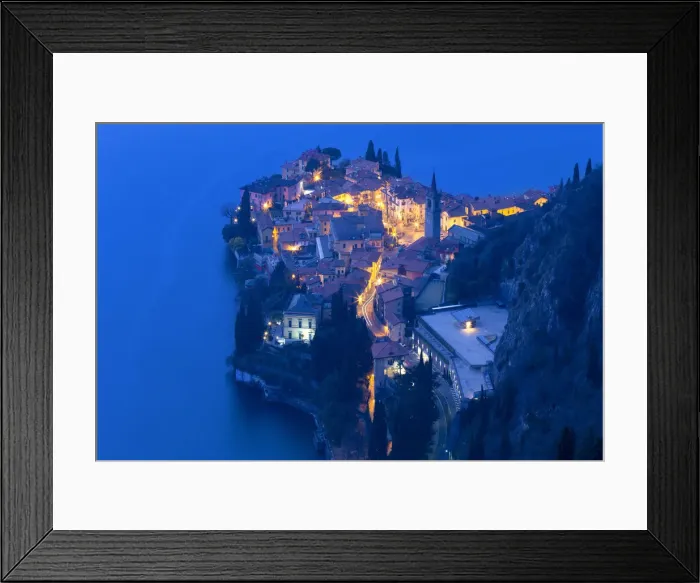 Framed Print : Village of Varenna from above at dusk. Como Lake, Lombardy, Italy